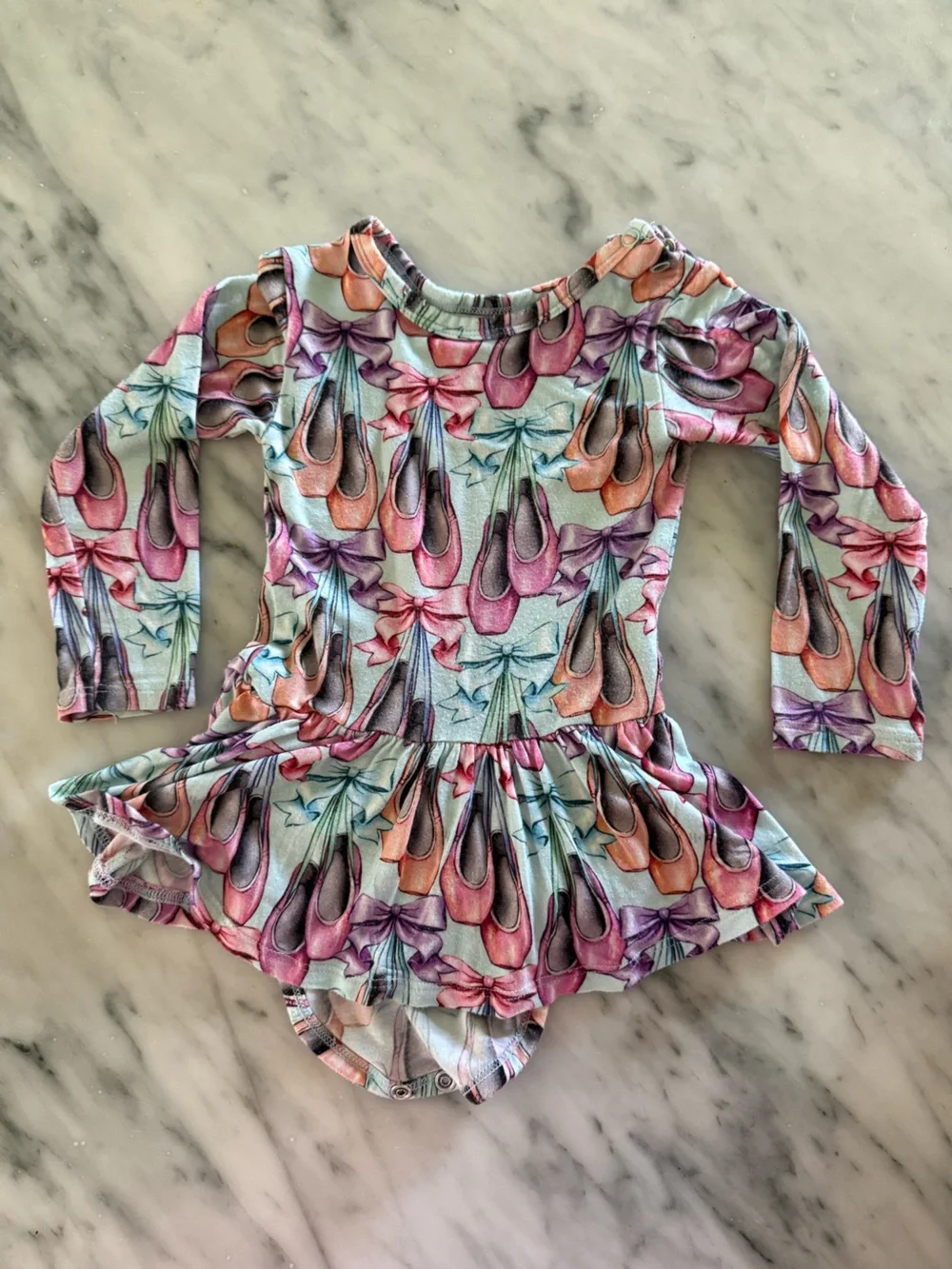 Posh Peanut Girls' Ballet Shoe Print Long-Sleeve Onesie Dress 6-12mo